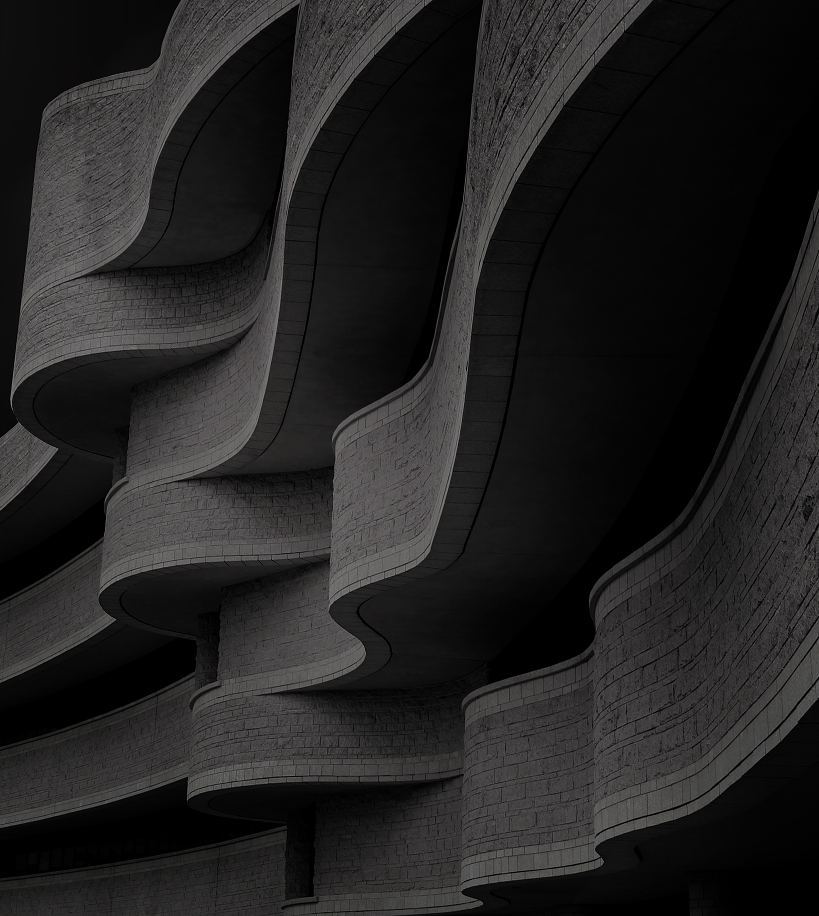 low-angle-greyscale-building-with-modern-brutalist-architecture-sunlight 1